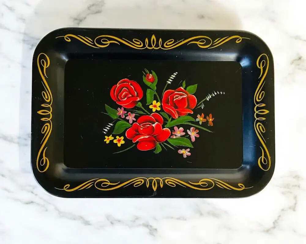 Vintage Black & Gold Metal Red Rose Flower Floral Decorative Tray Catchall
